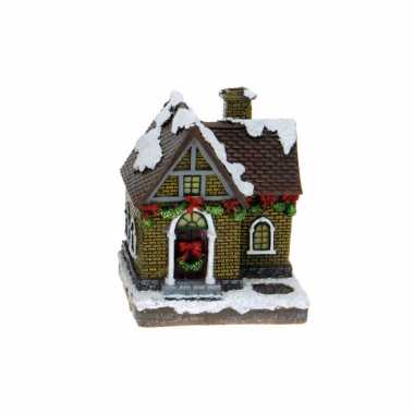 1x polystone kerstkerstdorp huisjes/kerstdorpje kerstdorp huisjes gele stenen met verlichting 13,5 cm
