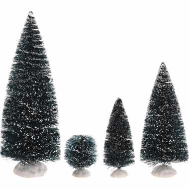 Kerstdorp onderdelen 9x decoratie dennenbomen/kerstbomen besneeuwd